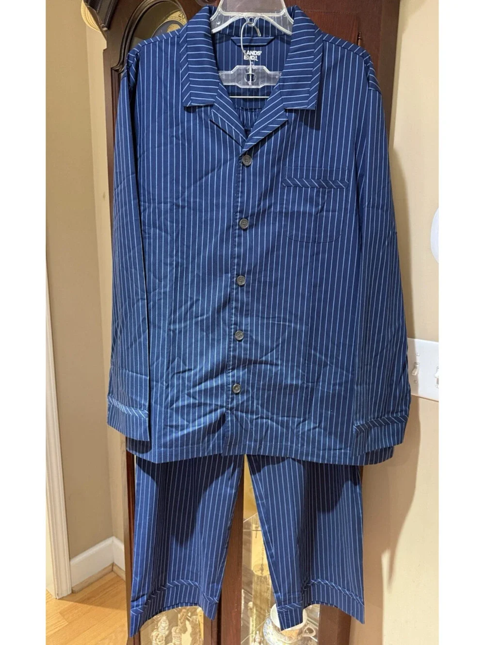 Lands' End Men's Navy Blue Striped Woven Bottom Pants Sleep Pajama Set Size XL